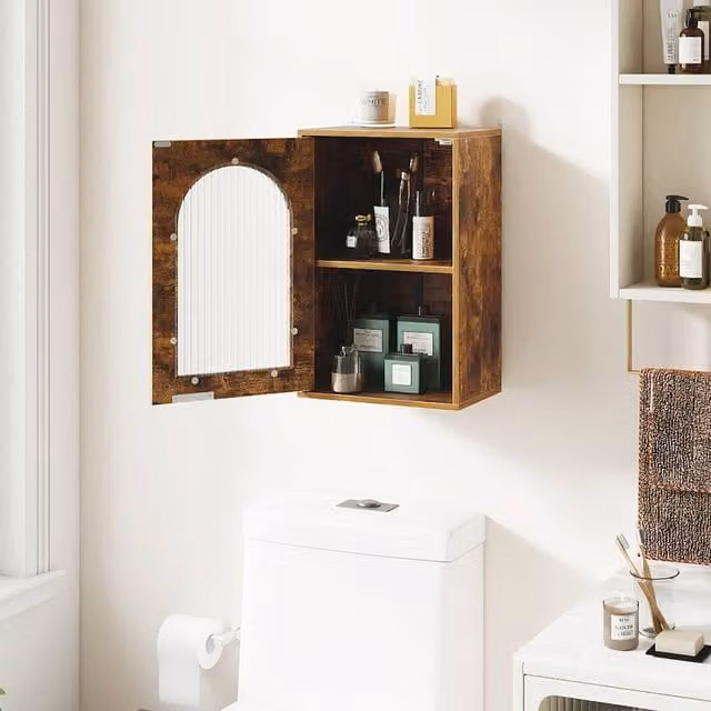 Costway Brown Wooden Wall Mounted Bathroom Medicine Cabinet with Glass Doors and Adjustable Internal Shelf