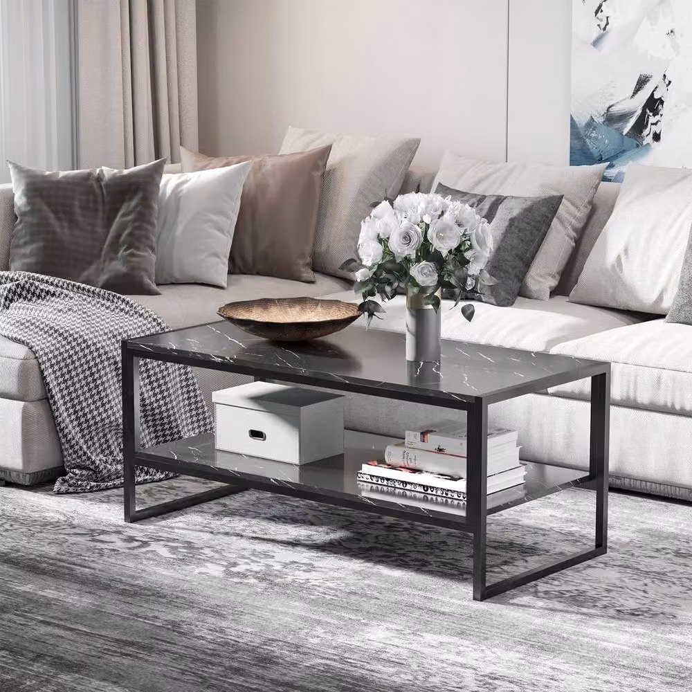 HOMCOM Modern Square Two-Tier Coffee Table in Black with Glossy Abstract Finish, W/D/H: 100 x 100 x 45 cm – 3