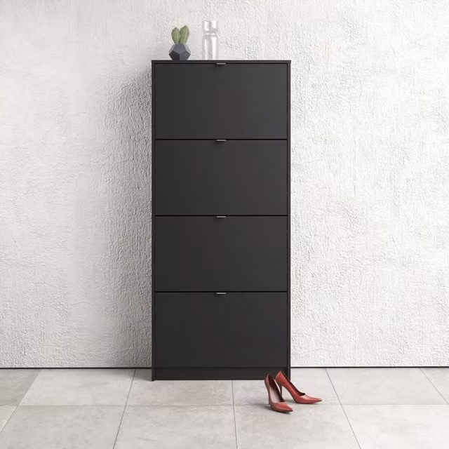 Furniture To Go Modern Black Matt 2-Layer Shoe Cabinet with 4 Tilting Doors