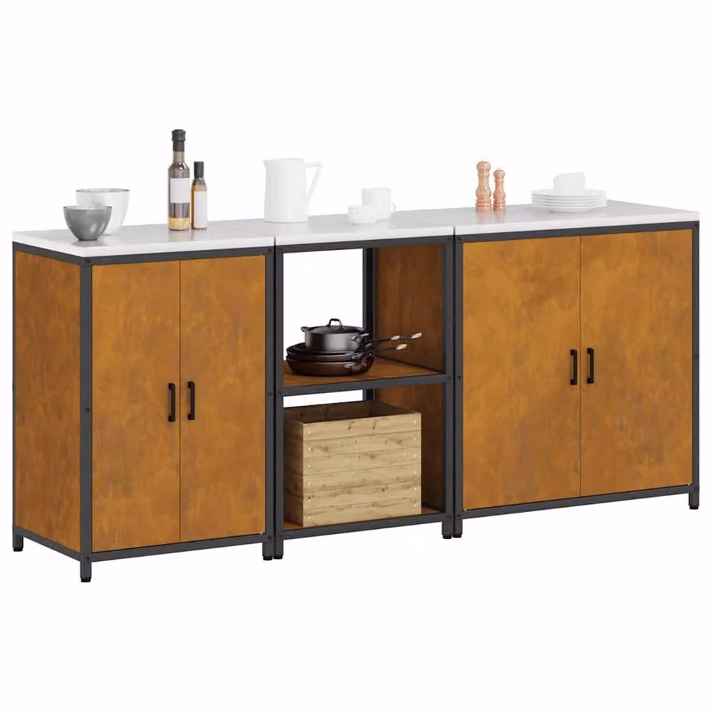 Berkfield Home 3-Piece Industrial Metal Kitchen Storage Set in Brown with Hinged Doors and Internal Shelves – 3