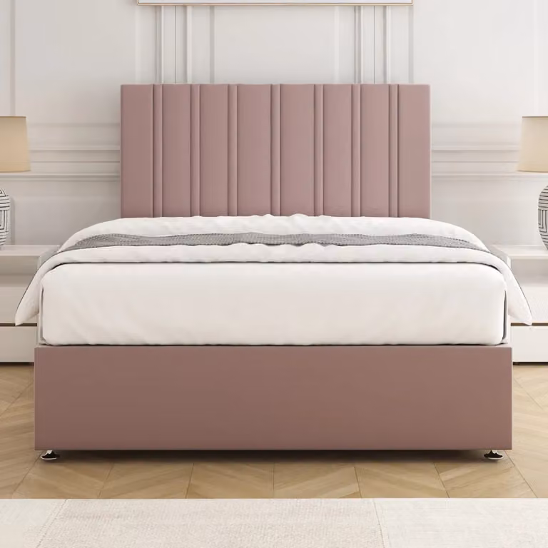 BSSPOKE Sienna Double Divan Bed with 24 inch Plush Velvet Headboard in Pink, W/D/H: 140 x 200 cm