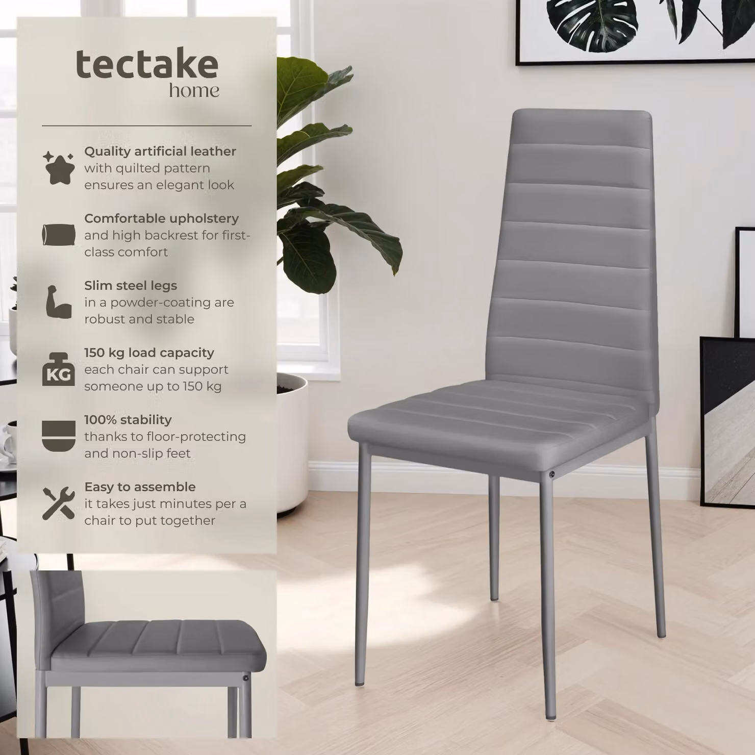 tectake Thomas Set of 4 Modern Dining Chairs in Grey Synthetic Leather – 2