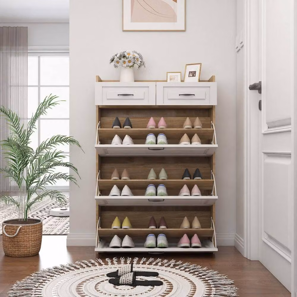 Merax White Slimline Scandinavian Style 3-Tier Tilt-Out Shoe Cabinet with Drawers and Internal Shelves, W/D/H: 80 x 23.5 x 131 cm – 3