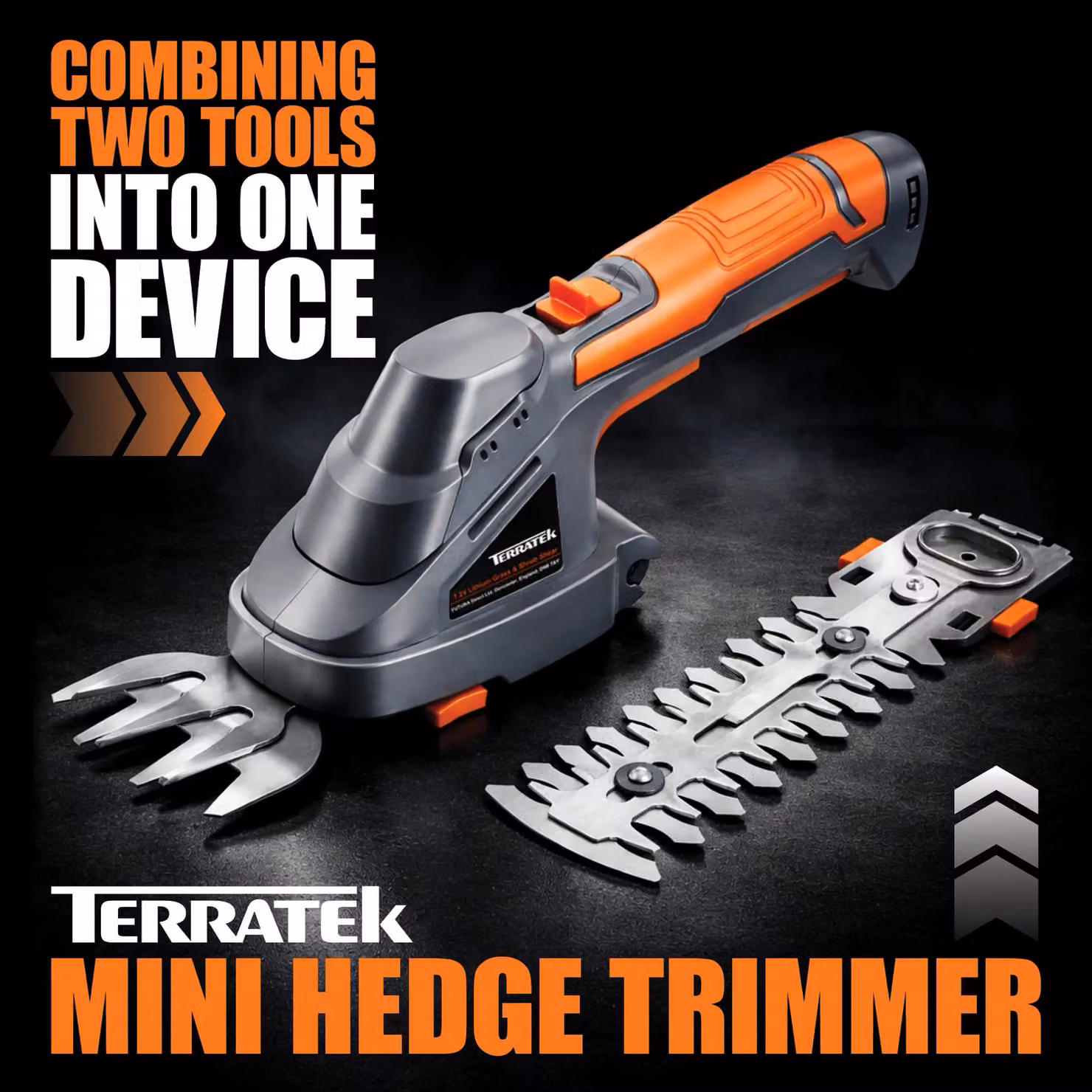 Terratek 2-in-1 Cordless Hand Held Hedge Trimmer and Topiary Shears with 7.2V Li-Ion Battery in Grey – 9