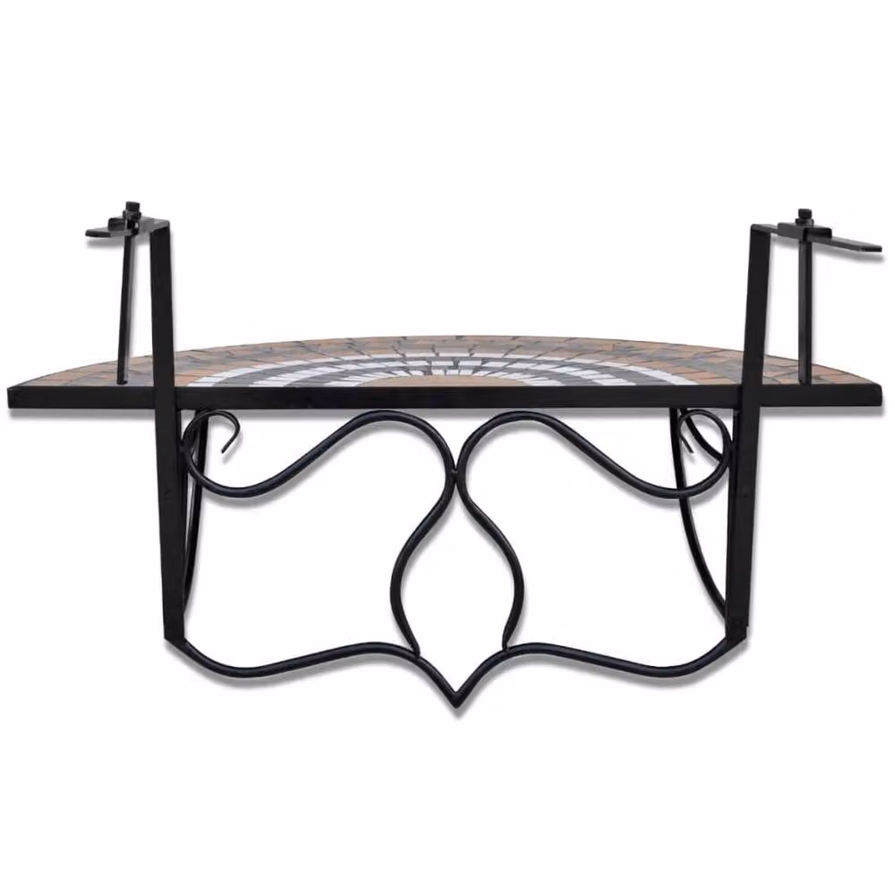 Berkfield Home Hanging Balcony Table with Brown and White Geometric Mosaic Ceramic Top and Powder Coated Steel Frame – 3