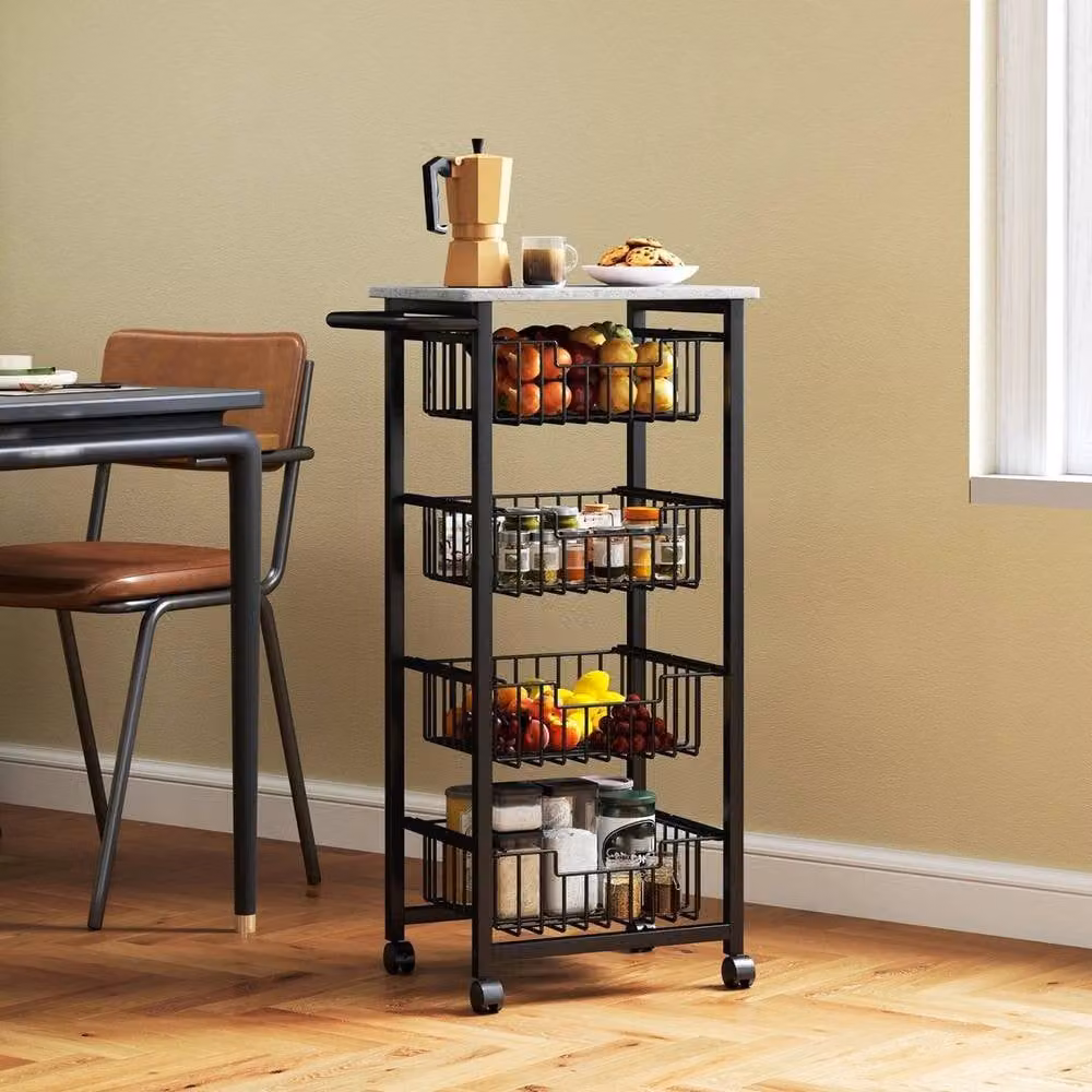 FORGEVIO 4-Tier Kitchen Island on Wheels with 4 Pull-Out Baskets, Black and Grey – 4