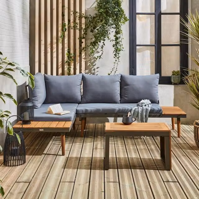 sweeek 4-Seater Modular Garden Lounge Set in Dark Grey Aluminium and Acacia Wood
