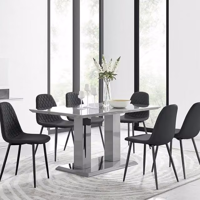 FurnitureboxUK Imperia Grey Rectangular Dining Table and 6 Corona Black Faux Leather Chairs W/D/H: 150 x 90 x 75 cm – 1