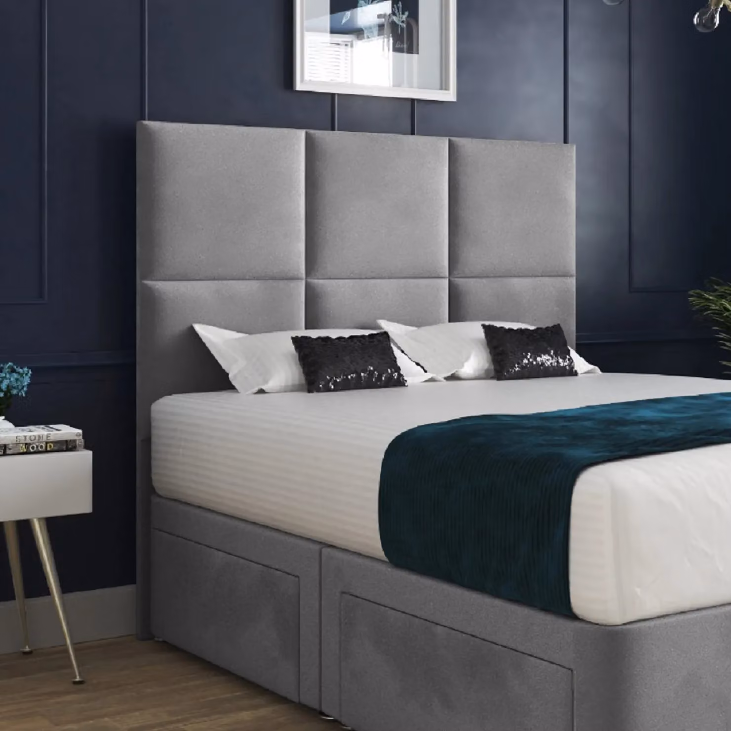 Casani Caprio Upholstered Velvet Divan Bed Frame with Headboard and Drawers in Grey, W/D/H: 120 x 200 cm – 2