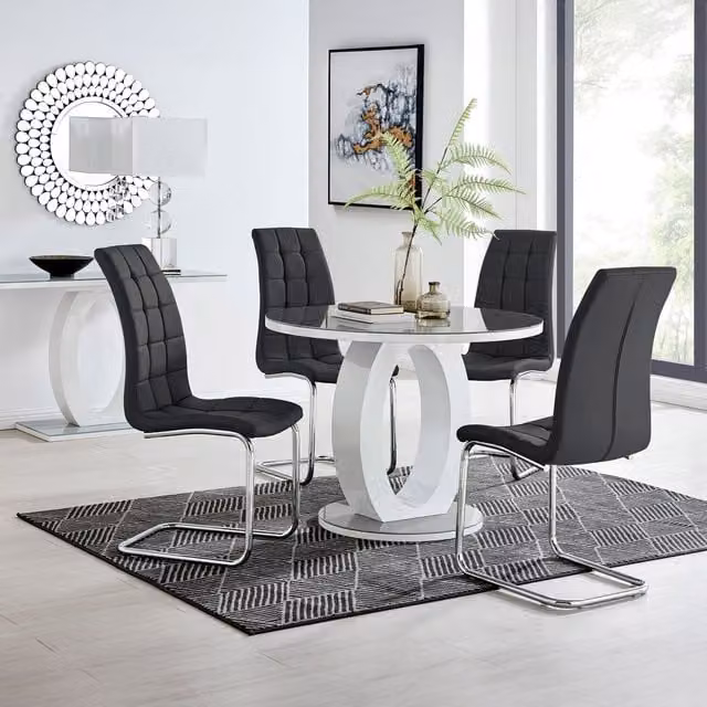 FurnitureboxUK Giovani Grey Round Glass Dining Table with 4 Black Murano Chairs, Diameter: 100 cm