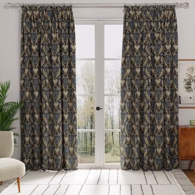 Terrys Acanthus Made to Measure Blackout Cotton Fabric Panel in Blue and Gold Floral Art Nouveau Design