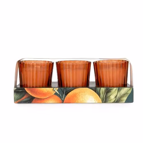 Candlelight Set of 3 Mandarin and Orange Blossom Scented Votive Candles in Orange and Multicolour Glass