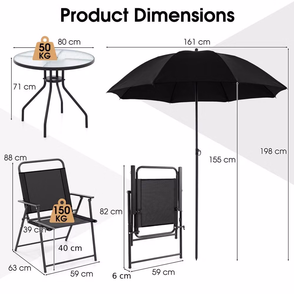 Gymax 6 Piece Outdoor Dining Set with Glass and Metal Table for 4 in Black – 2