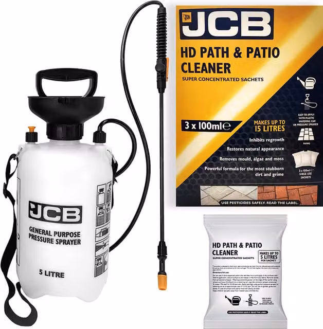 JCB Path Patio Super Concentrate 3 x 100ml with 5L White Pump Action Pressure Sprayer