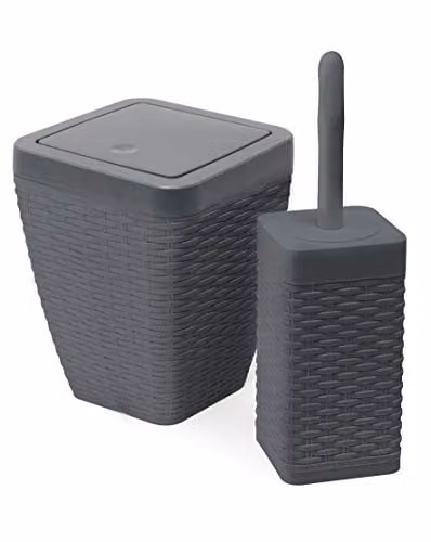 Addis Faux Rattan Square Bathroom Set in Anthracite with Swing Bin and Toilet Brush Set