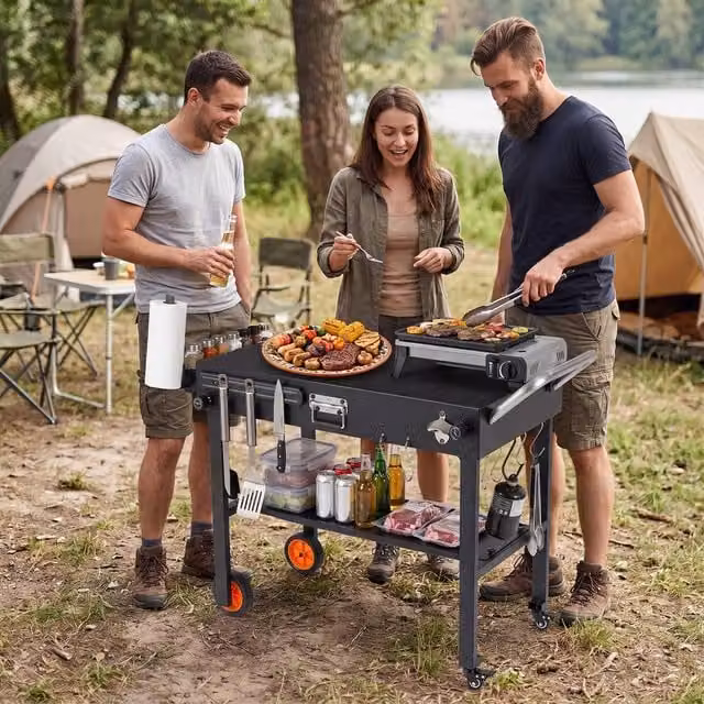 Costway Folding BBQ Prep Table Rolling Grill Cart with Heat-Resistant Mat in Black – 1