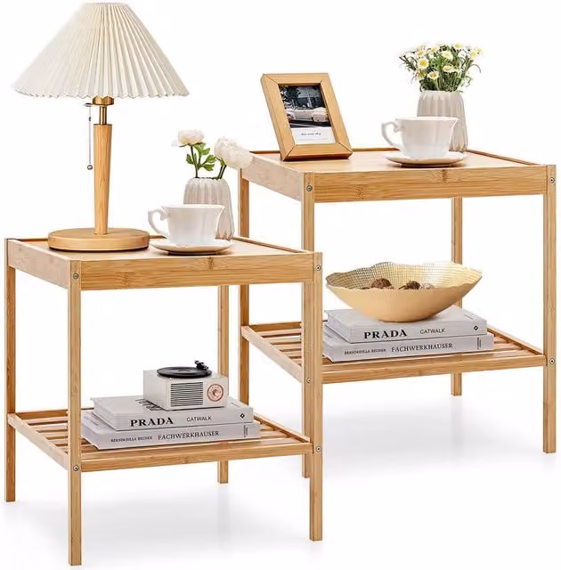 VOGREX Set of 2 Bamboo Side Tables with Large Storage Shelf in Beige