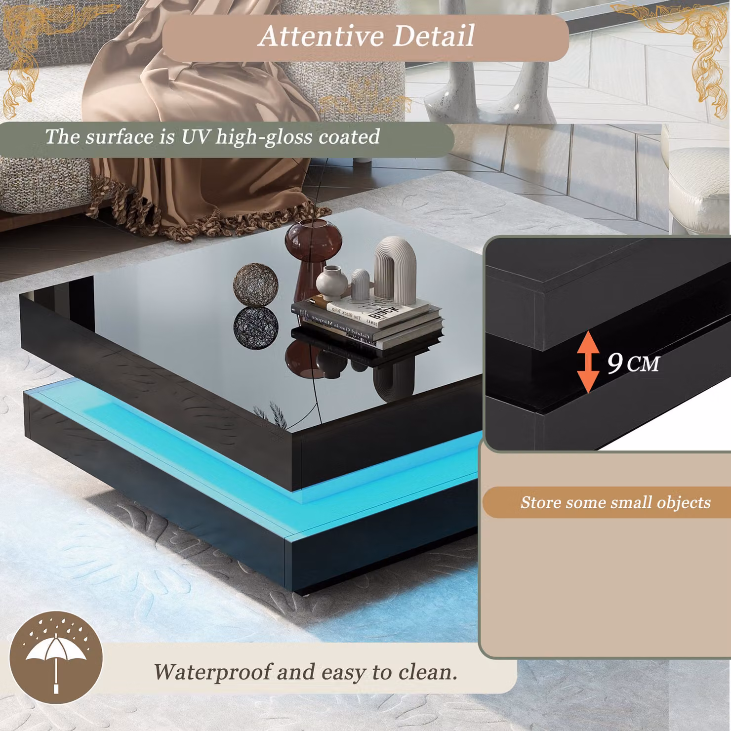 Aosom.UK Black High Gloss Square Coffee Table with Rotating Lift Top and 16-Colour LED Lights, W: 70 cm, D: 70 cm, H: 36 cm – 4