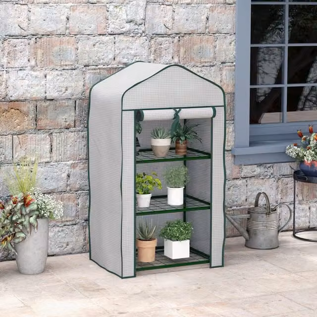 Outsunny 3 Tier Mini Greenhouse with Reinforced PE Cover in White