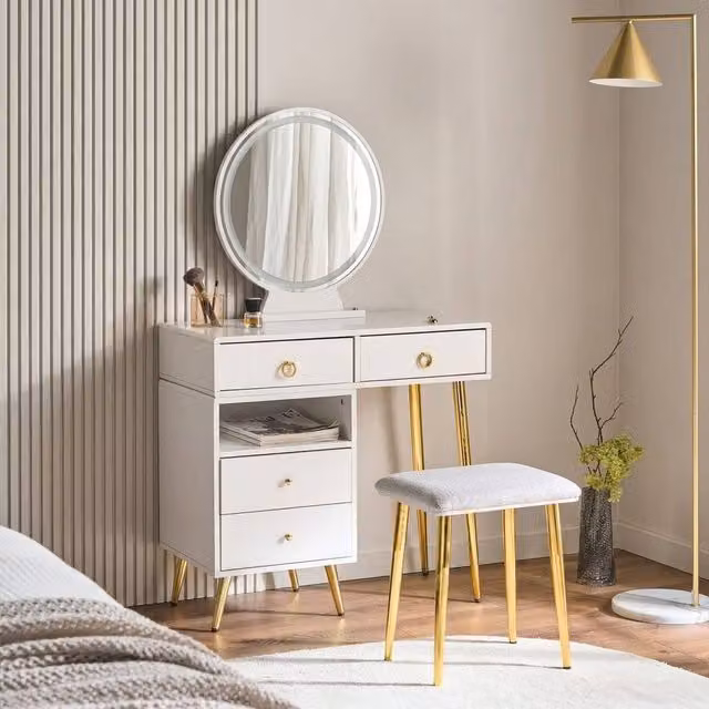 Wyld and Coco Glam Design Dressing Table in White and Gold with Hollywood LED Mirror and 6 Drawers, W/D/H: 133 x 98 x 38 cm – 1
