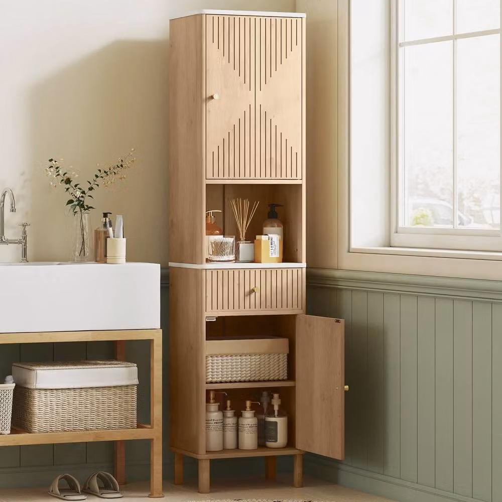 Wyld Haus Fasu Slim Tall Bathroom Cabinet in Light Oak with Soft Close Drawer and Internal Shelves, H 168.0 cm x W 41.5 cm – 3