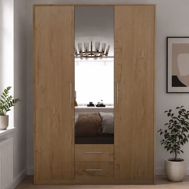 Swindon Oak 3 Door Wardrobe with Mirror and 2 Integrated Drawers, Brown, Width: 135 cm