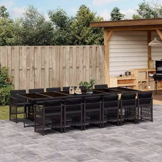 Berkfield Home 12-Seater Black Poly Rattan Garden Dining Set with Glass Tabletop
