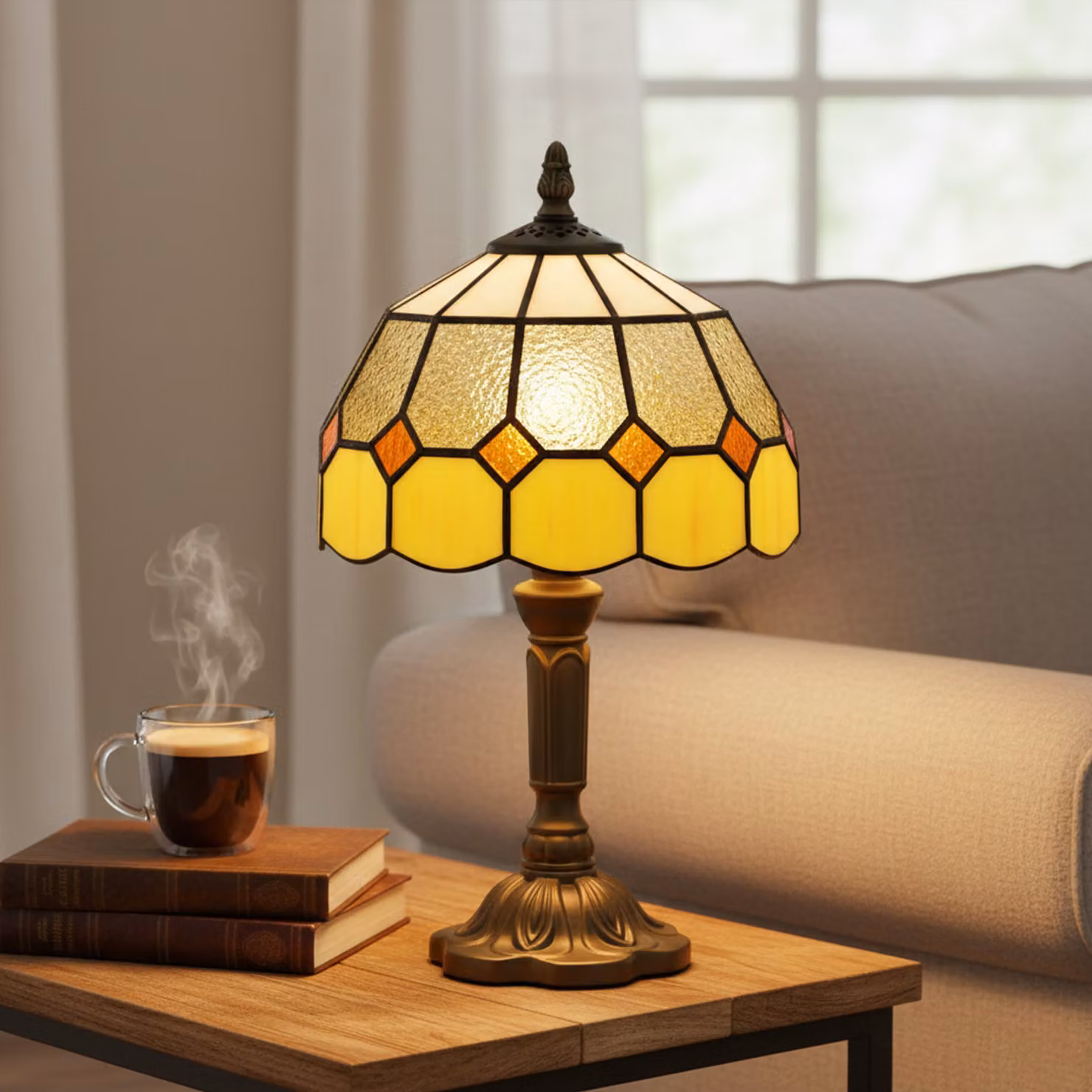 HOMCOM Art Deco Glass Table Lamp in White and Orange with Bronze Base – 7