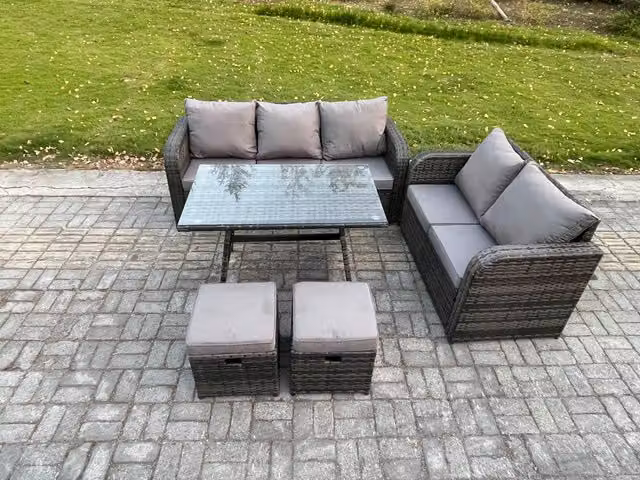Fimous High Back PE Rattan Garden Furniture Set in Dark Grey with 3 Seater Sofa, Dining Table and 2 Footstools
