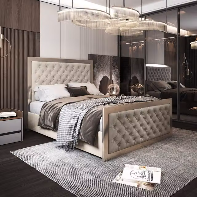 Emia Upholstered Velvet Metal Bed Frame in Cream, W x D: 200 x 200 cm