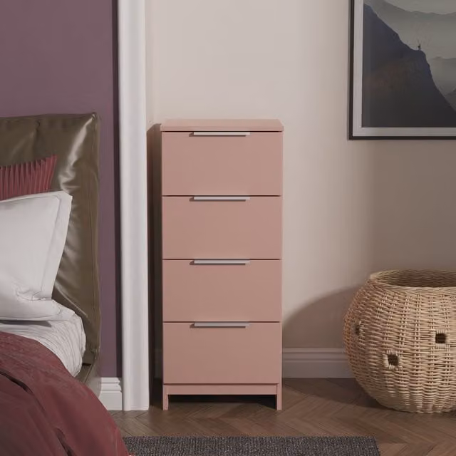 Ready Assembled 2 U Dover 4 Drawer Tall Bedside Chest in Dusty Pink