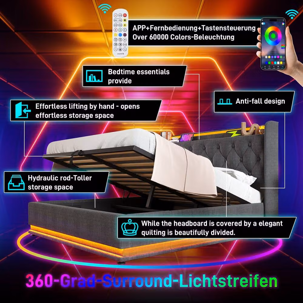 Rolipo Grey Linen Double Ottoman Bed with LED Lighting and USB Charging Ports W: 140 cm, D: 200 cm – 5