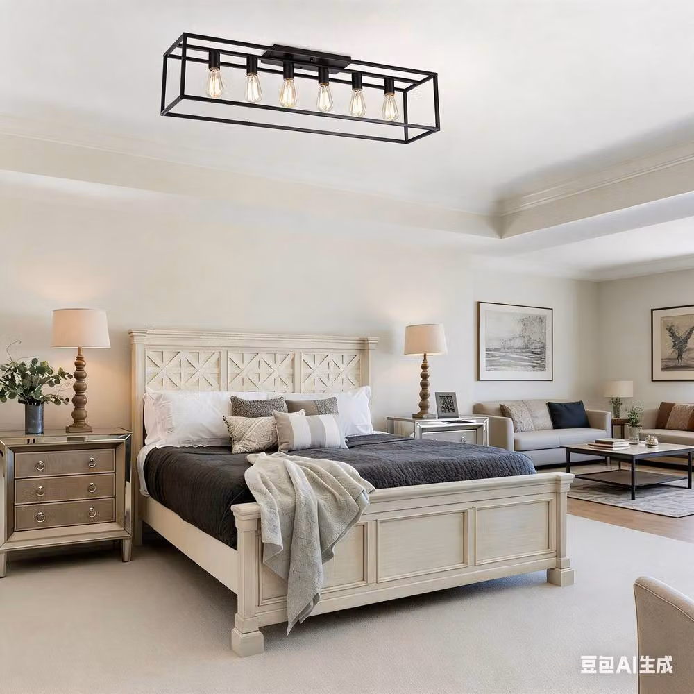 NIVOR 6 Light Industrial Iron Cage Flush Mount Ceiling Chandelier in Black – 4