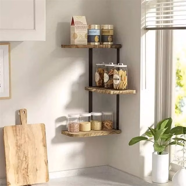 Nordara 3 Tier Rustic Wooden Corner Wall Mounted Shelf in Black – 1