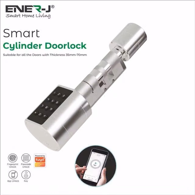 ENER-J Smart Adjustable Cylinder Bluetooth Door Lock with Fingerprint and Code in Silver and White – 1