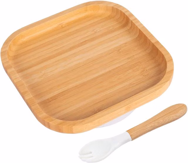 Tiny Dining Bamboo Square Baby Weaning Plate and Fork Set in White and Multicolour