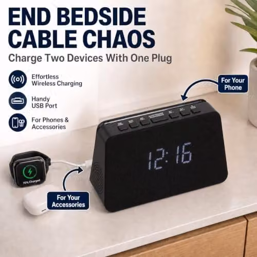 Grouptronics GTQ-RENEW Wireless Charging Alarm Clock Radio with FM Radio and USB Charging, Black with Black Cloth Screen – 2
