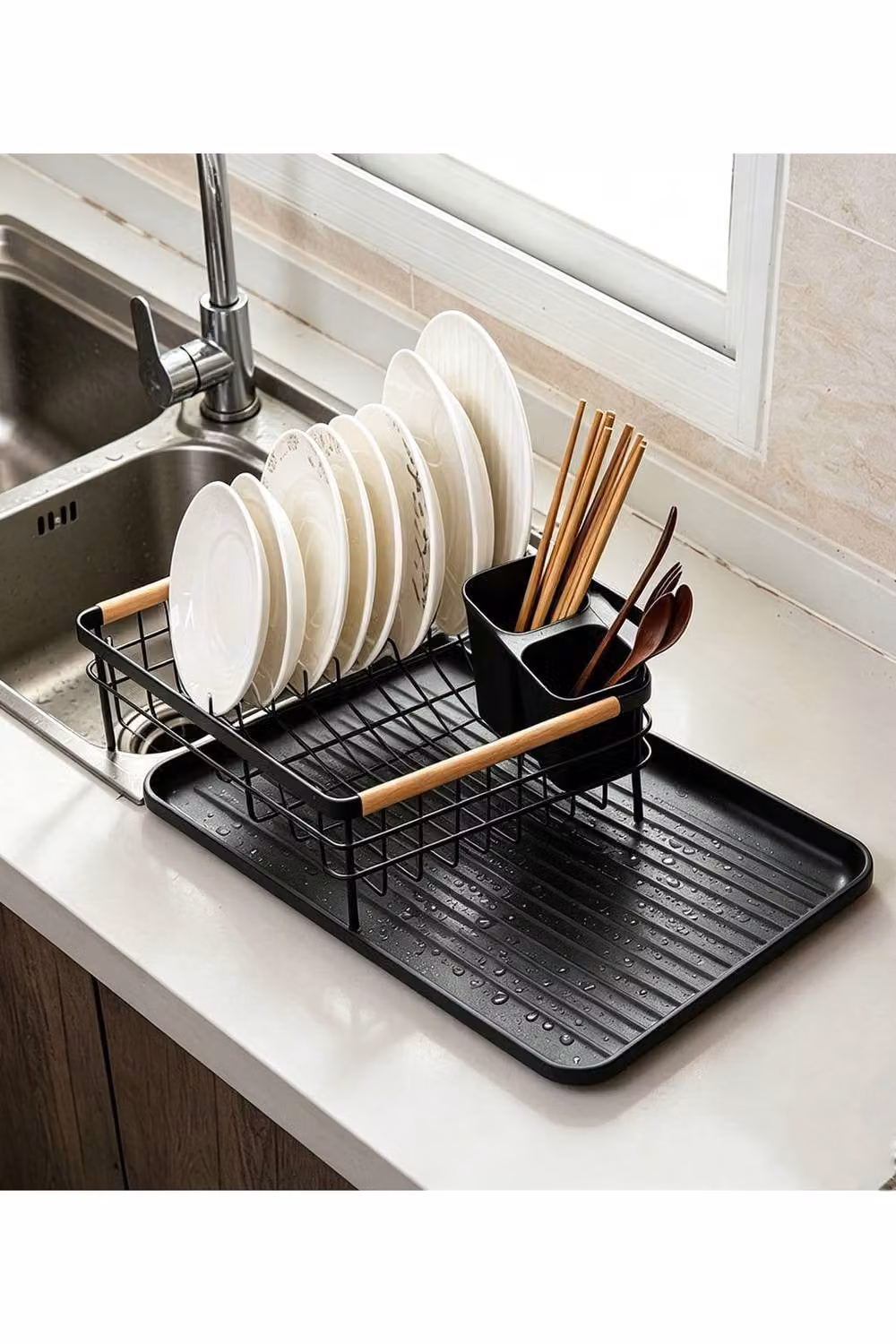 ExtraStar Iron Kitchen Dish Drainer Rack with Drip Tray in Black – 3