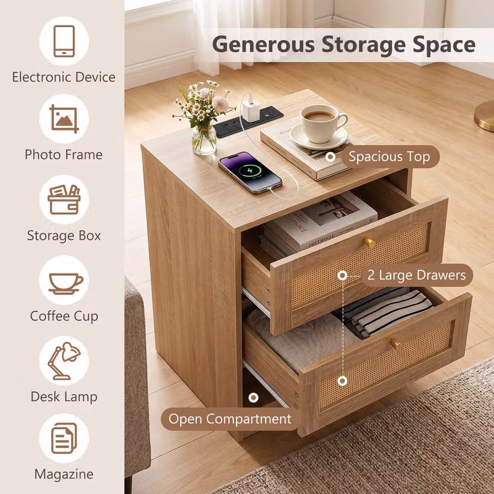 Gymax Rattan Bedside Table with Integrated LED Light Strip and Charging Station in Natural Sand and Brown – 4