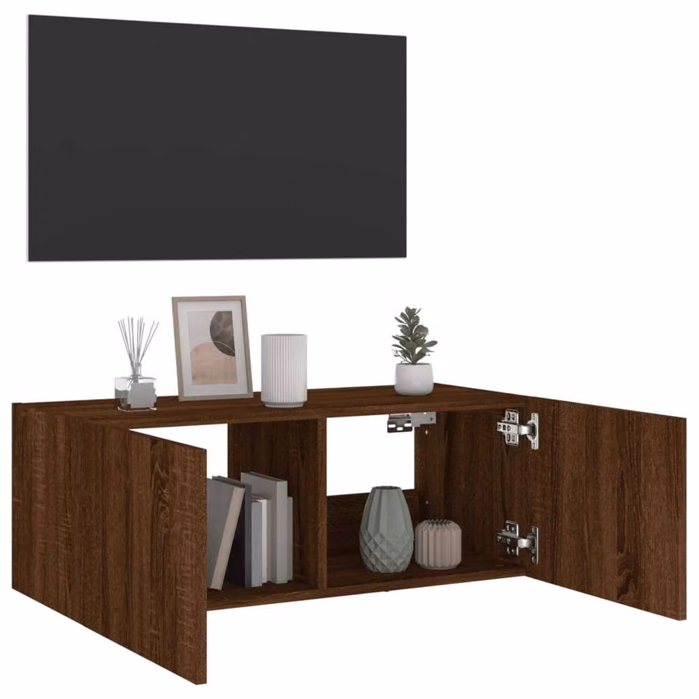 Berkfield Home Modern Wall Mounted TV Cabinet with Integrated LED Lights in Brown Oak, W/D/H: 80 x 35 x 31 cm – 6