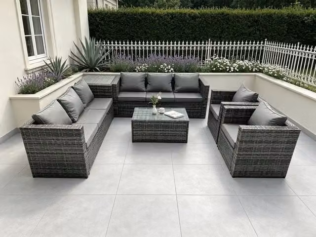 Fimous 8 Seater Rattan Garden Furniture Set with Upholstered Cushions and Coffee Table in Grey – 1