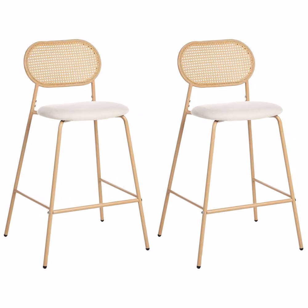 Wyld and Coco Set of 2 Retro Bar Chairs with Rattan-Look Metal Frame and Beige Fabric – 2