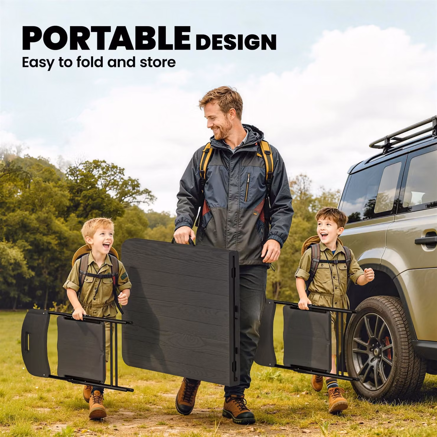 Outsunny 5 Piece Foldable Picnic Table and Chairs Set in Black with Powder Coated Steel Frame and Waterproof Plastic Top – 5