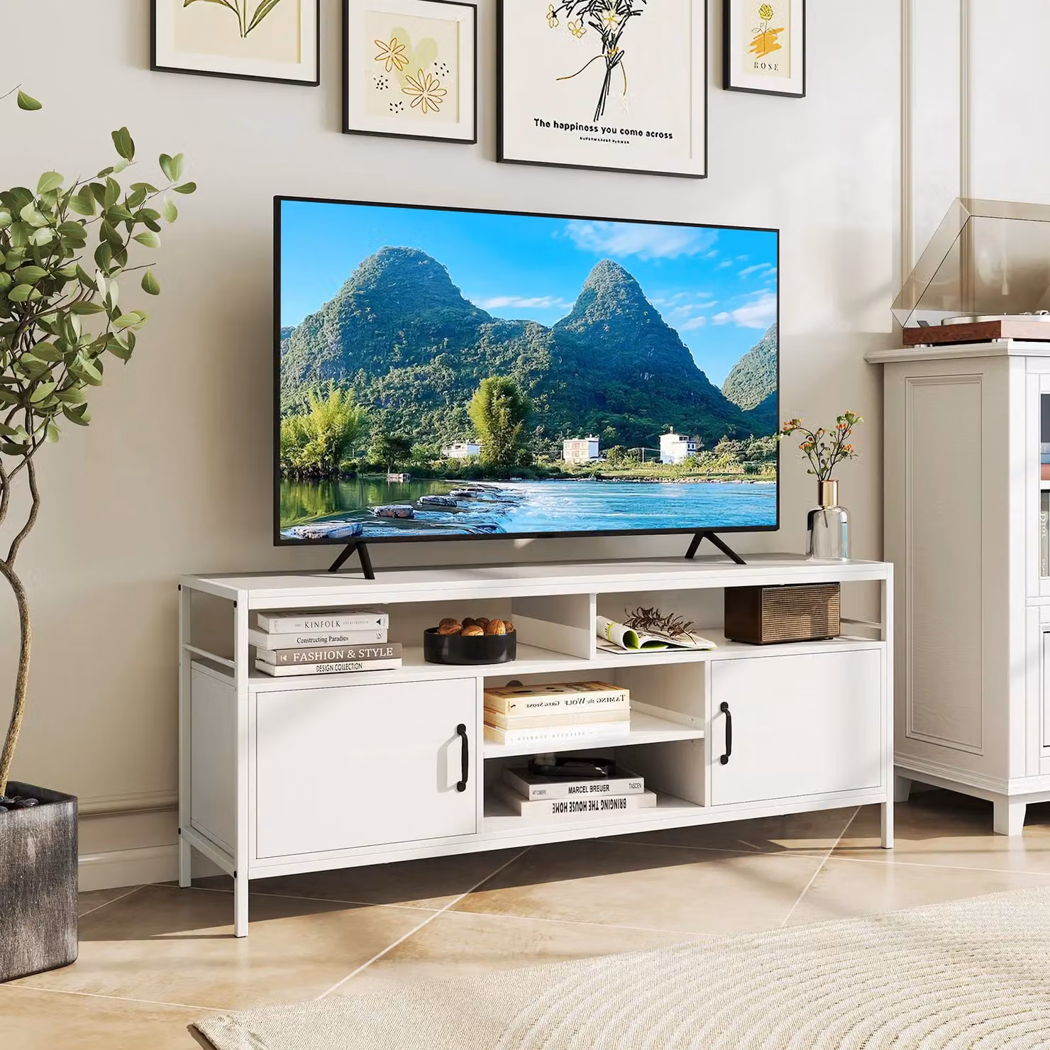Gymax White Industrial TV Stand for TVs up to 65 inch with Storage – 6