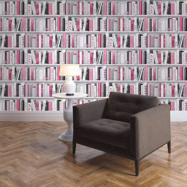 Muriva Fashion Library Bookshelf Wallpaper in Pink, Grey and Silver Glitter