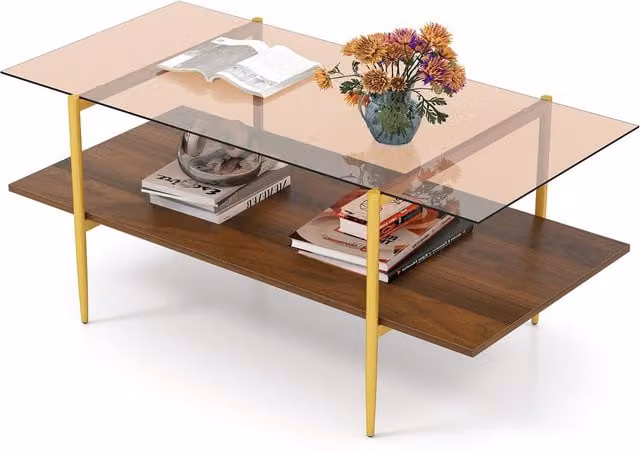 Costway 2-Tier Rectangular Glass Coffee Table with Storage Shelf in Brown and Gold – 1