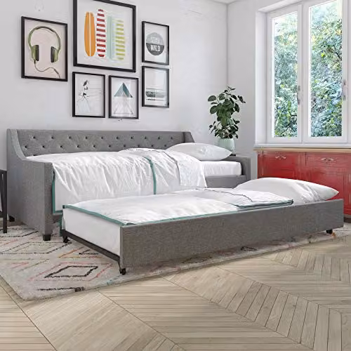 Novogratz Her Majesty Mid-Century Upholstered Daybed in Grey Linen, W/D/H: 200 x 90 x 191.75 cm