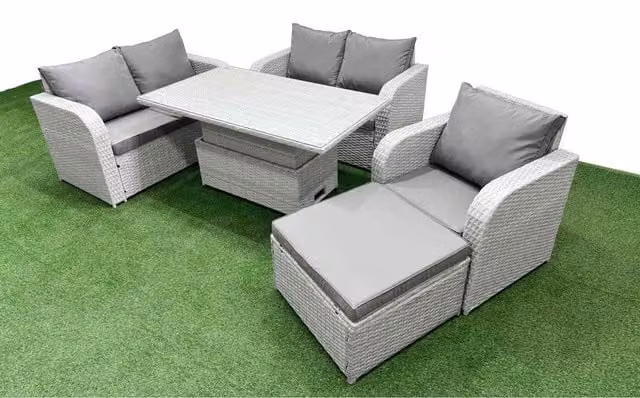 Fimous 6-Seat High-Back PE Rattan Garden Set with Recliner and Rectangular Glass Table in Light Grey and Dark Grey
