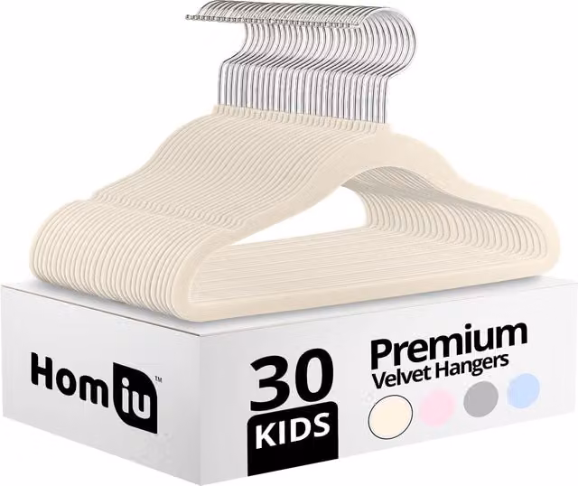 Homiu 30 Pack Non-Slip Velvet Flocked Kids Hangers with Swivel Hook in Beige and White