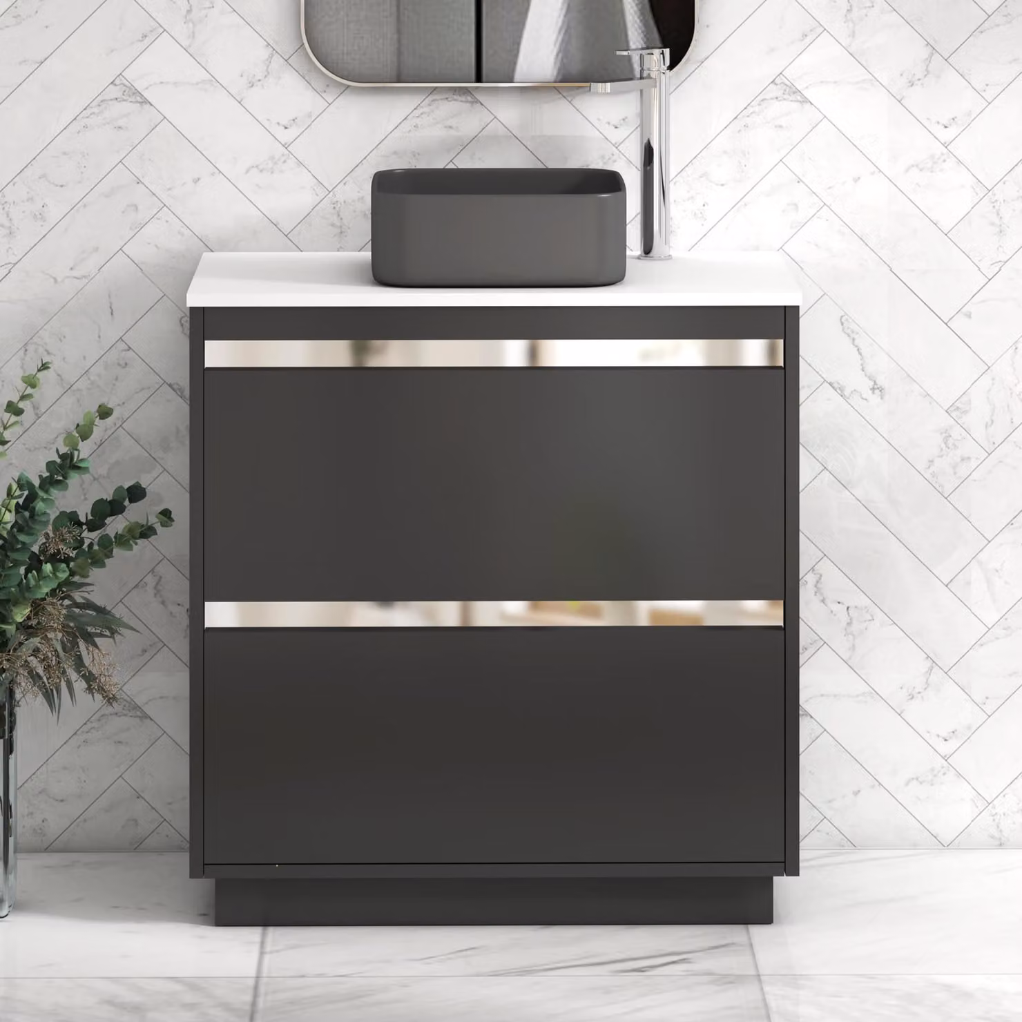 Royal Bathrooms Orion 800mm Matt Obsidian Black Floor Standing Vanity Unit with 2 Drawers, Plain White Countertop and Art Square Basin with Chrome Accent Trim